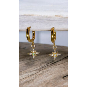 14k Gold Plated Star Opal Huggie Earrings – White Lab Created Opal & CZ Star